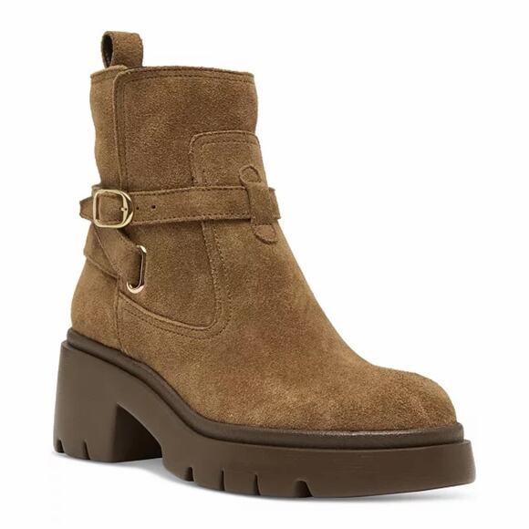 Steve Madden Coletta Lug Sole Tan Suede Buckle Ankle Booties - Picture 1 of 9